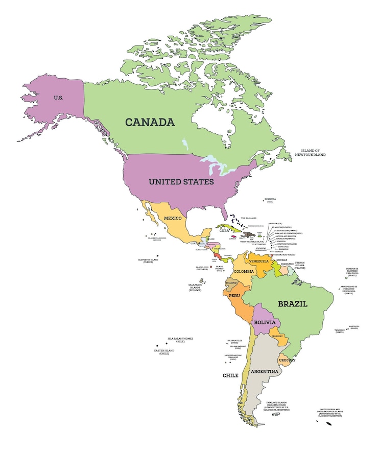 Vector south and north america political map in mercator projection map with name of countries isolated on white