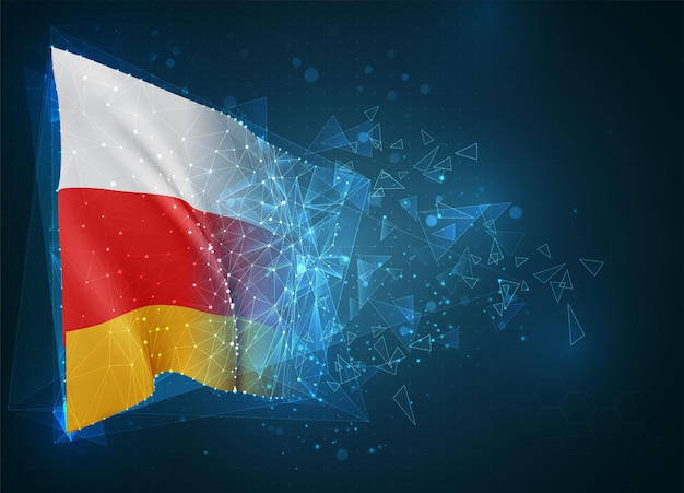 South Ossetia,  flag, virtual abstract 3D object from triangular polygons on a blue background