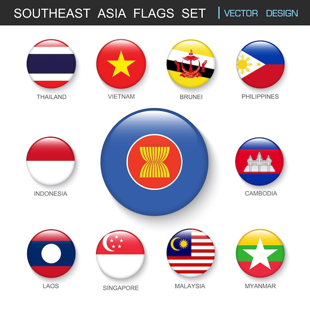 Vector southeast asia flags set and members in botton stlyevector design element illustration