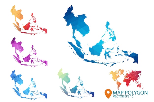 Southeast asia map  set of geometric rumpled triangular low poly style gradient graphic background