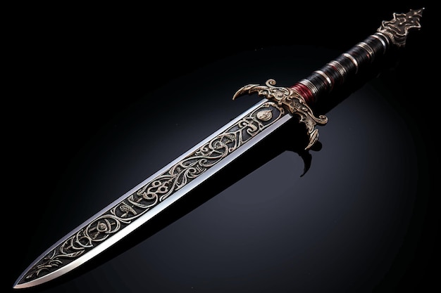 Vector souvenir collectible silver dagger with scabbard on black luxury weapons with traditional celtic pa