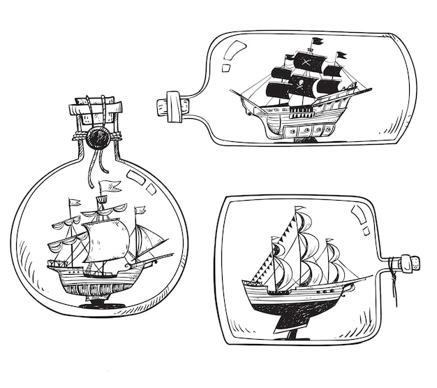 벡터 바다에서 온 기념품 - 병에 담겨 배송됩니다. 벡터 드로잉의 집합입니다.