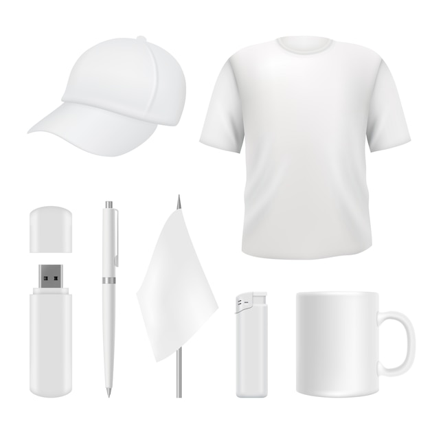 Souvenirs templates. Promotional branding gifts empty elements. Blank business identity on white