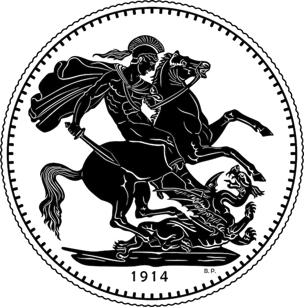 Vettore moneta d'oro sovrana uomo e cavallo che combattono drago contorno nero 1