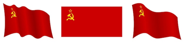 Bandiera dell'unione sovietica urss in posizione statica e in movimento che si sviluppa nel vento in colori e dimensioni esatti su sfondo bianco