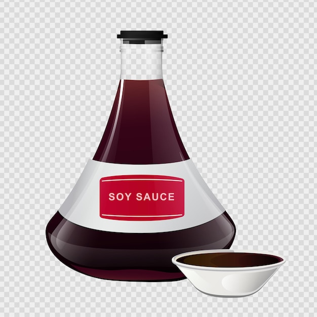 Soy asian sushi sauce in glass bottle. realistic elements for food icon and design