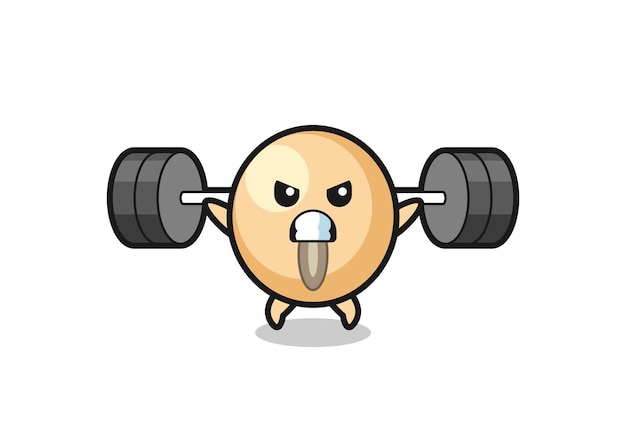 Soy bean mascot cartoon with a barbell