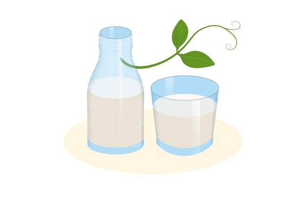 Soy milk illustration in a glass and in a bottle