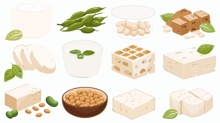Vector soy products set for healthy eating and cooking inspiration