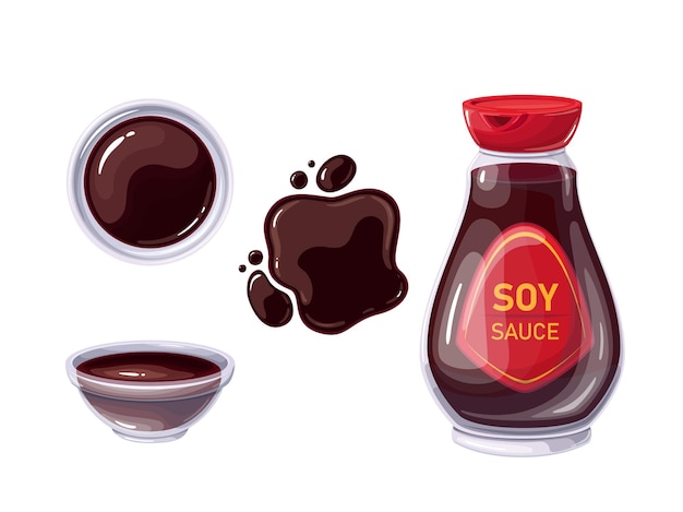 Vector soy sauce in bottle and bowl, sauce spilled strips and spots. soy sauce top view.