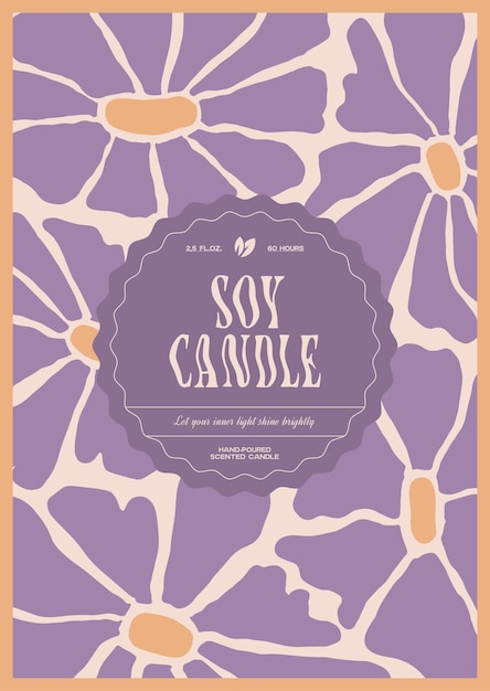 Soy wax candle vector label design template with groovy flowers background