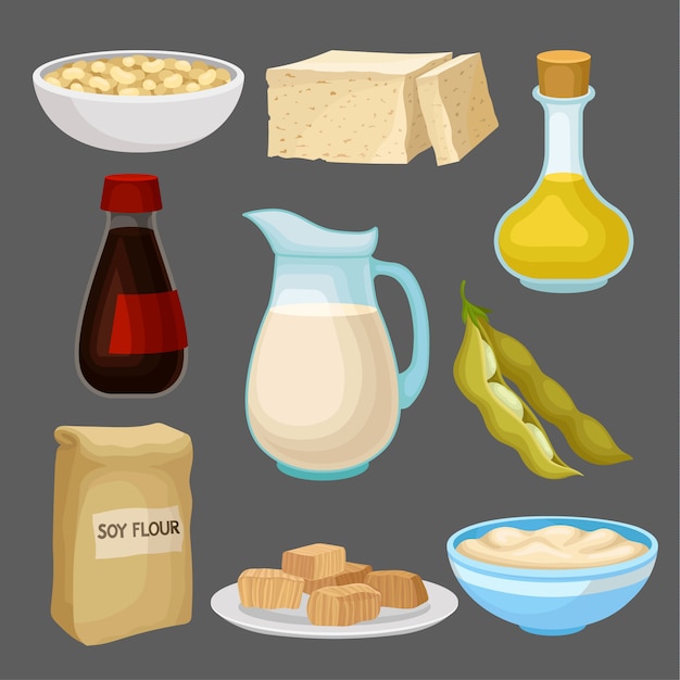 Soya food products set, milk, oil, sauce, tofu, bean, flour, healthy diet, organic vegetarian food  Illustration