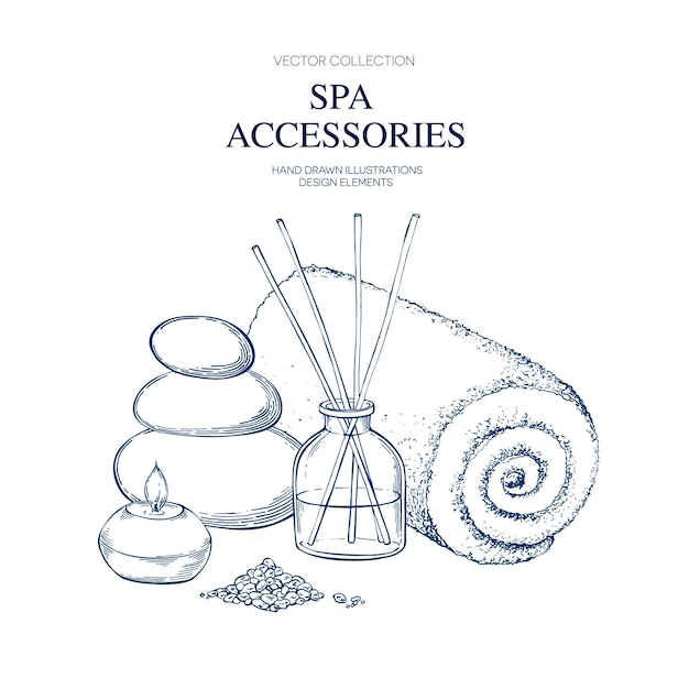 Spa accessoires set geur diffuser handdoek zeezout was kaars cosmetica handgetekende schets