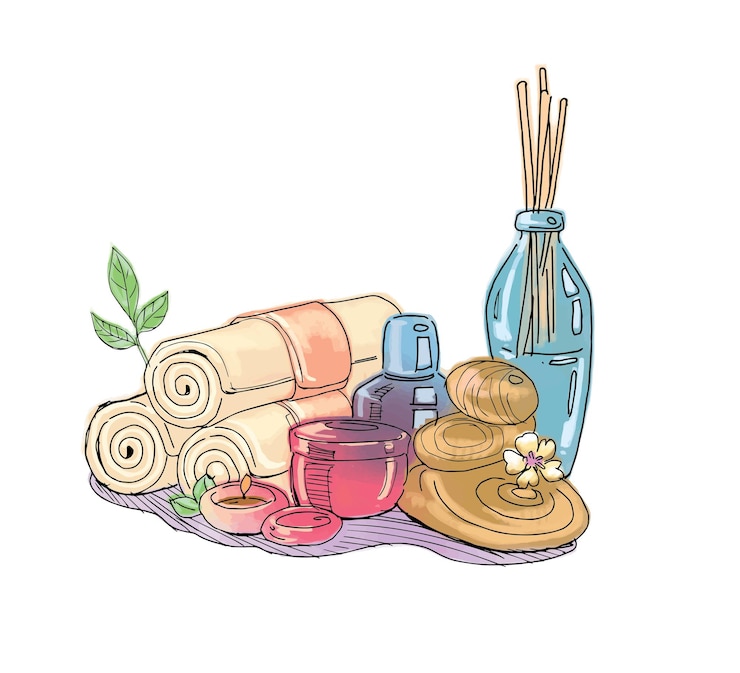 Vector 스파 아로마 테라피 마사지 휴식 아이템 뉴 수채화 효과 수건과 양초
