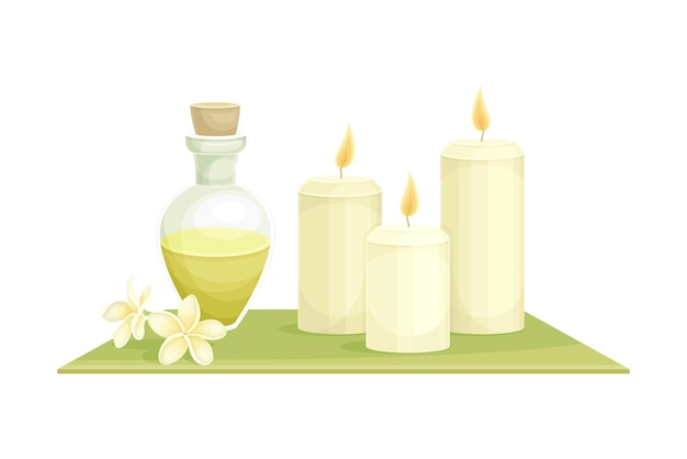 Spa and Aromatherapy with Burning Candle and Essential Oil Vector Composition