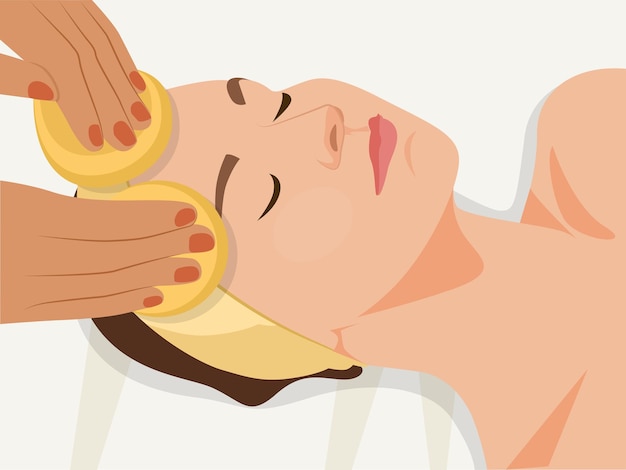 Vettore concetto di trattamento di bellezza spa primo piano della massaggiatrice che pulisce il viso della donna con tamponi di cotone presso la spa