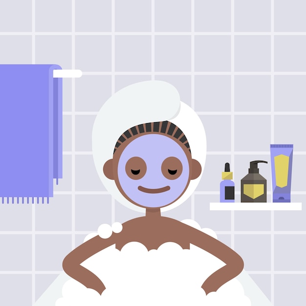 Spa behandeling. jong zwart meisje dat in het bad met zeepschuim ligt. ontspanning. badkamer. gezichtsmasker en haar gewikkeld in een handdoek. platte bewerkbare vectorillustratie, illustraties