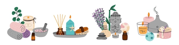 Spa center compositions Aromatherapy and relax items Beautiful candles or massage stones Fragrances lamp Humidifier and towels Meditating buddha statue Garish vector elements set