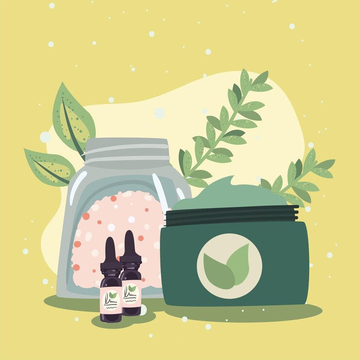 Vector spa center jars and dropers with leaves