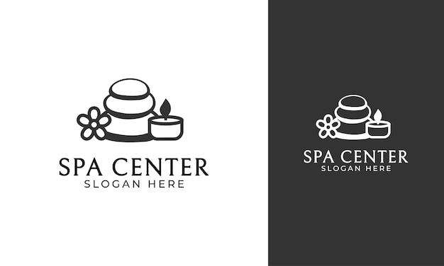 石、キャンドル、花のアイコンを使用したスパセンターのロゴデザイン