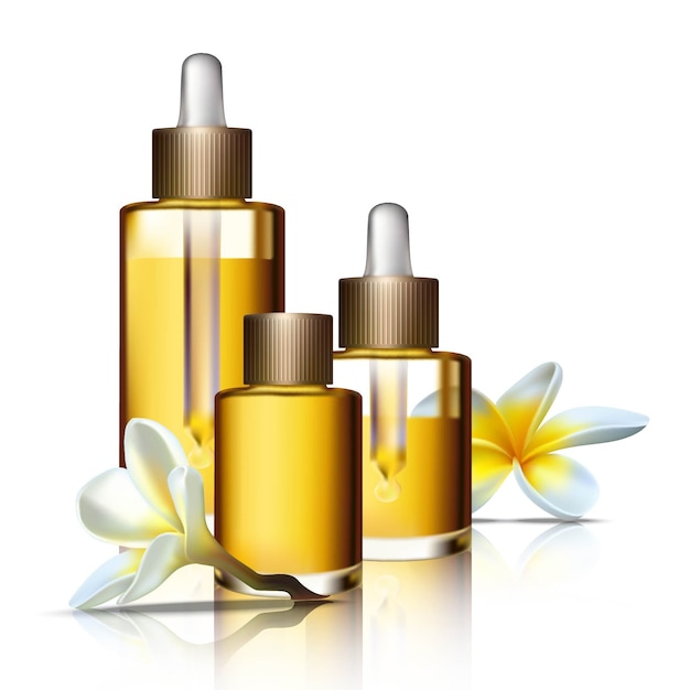 Spa collection of beauty bottles of aromatherapy oils and exotic flowers. isolated icon illustration. cosmetic bottles.