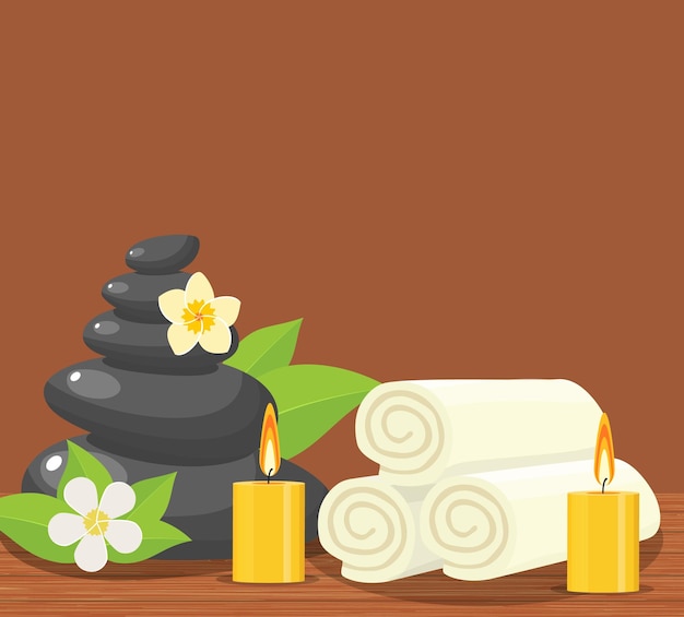 Vector spa concept poster with towels, stones and candle