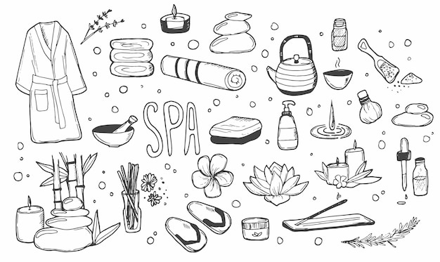 Spa Doodle Set Hand drawn aromatherapy body care beauty salon and thai massage accessories Vecto