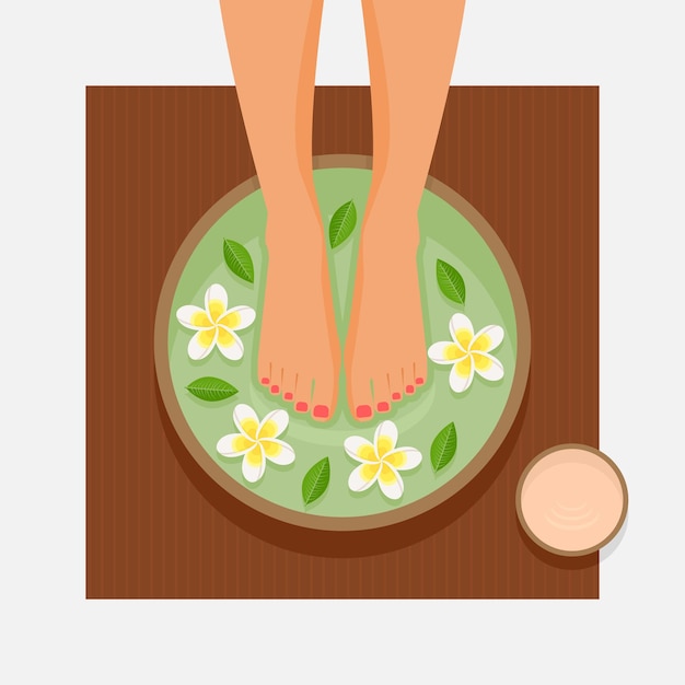 Vector spa foot therapy womens feet in bowl with flowers and leaves