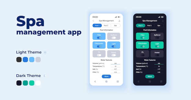スパ管理アプリ漫画スマートフォンインターフェースベクトルテンプレートセット。モバイルアプリの画面ページの日とダークモードのデザイン。アプリケーションのプール情報ui。電話ディスプレイ