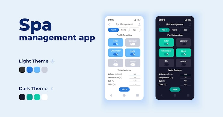 Vector spa management app cartoon smartphone interface vector templates set. mobile app screen page day and dark mode design. pool information ui for application. phone display