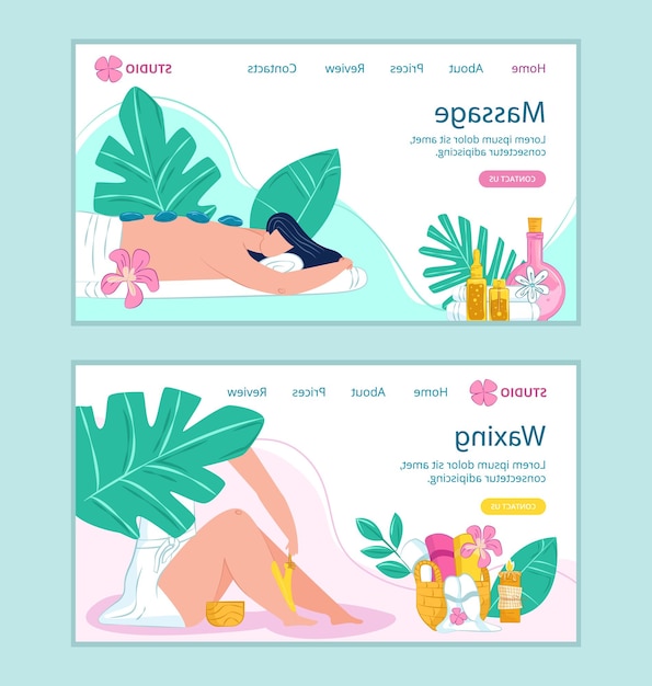 ビューティー サロン web ページのベクトル図でスパ マッサージ ワックス ワックス石ランディング バナーと漫画皮膚療法によるボディ ヘルスケア
