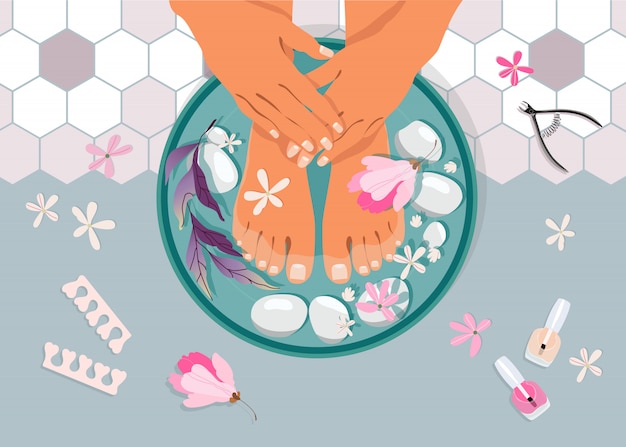 Illustrazione di vista superiore di pedicure spa. piedi femminili in una ciotola con acqua. piedi e trattamenti per le mani. manicure e pedicure, pietre spa e fiori. design del salone femminile disegnato a mano.