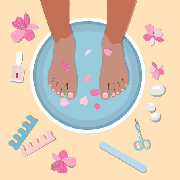 Spa pedicure top view vector illustration. Female feet in a bowl with water. Feet and hand treatment