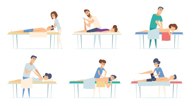 Spa relax fisioterapia procedura massaggio correttivo lesioni sport stretching medico illustrazioni dei cartoni animati.
