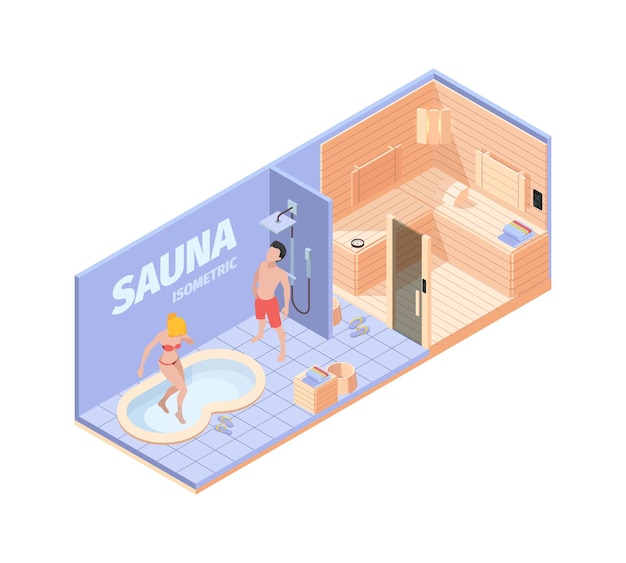 Salone relax spa sauna in legno piscina secchio d'acqua asciugamano persone sedute su panca vettore sgargiante sfondo isometrico 3d