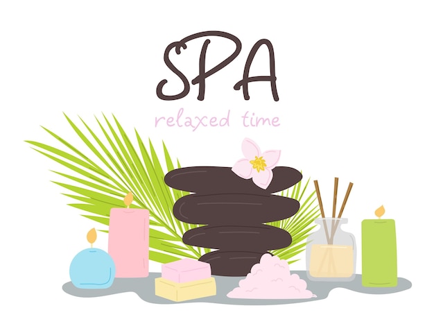 Vector spa relaxing time illustration spa atributs on white backgroun spa stones palm leaf towels bath salt