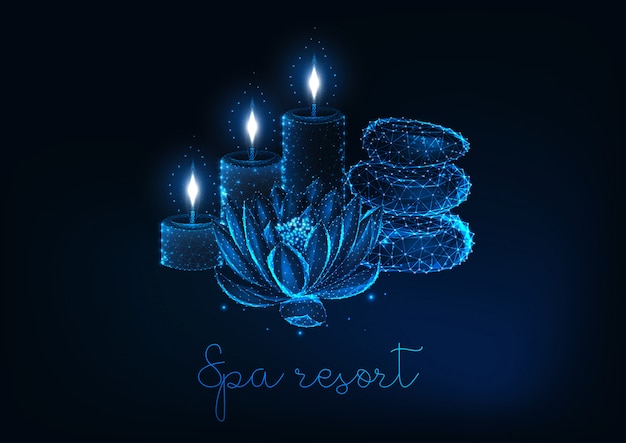 Spa resort futuristic concept with glowing low poly lotus flower, aromatic candles and zen stones.