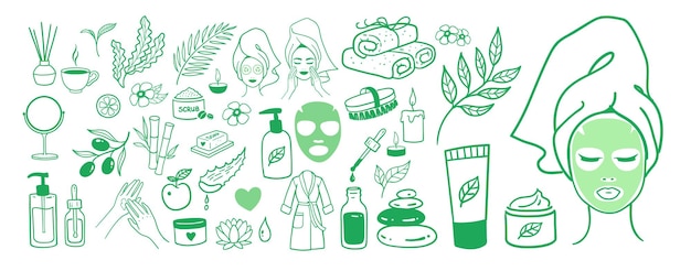 Spa salon accessorises with herbal cosmetics vector illustration doodles collection