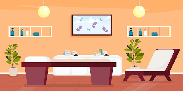 Illustrazione vettoriale del salone termale in stile cartone animato tavolo da massaggio sdraio lampada vaso da fiore ingredienti di massaggio e pittura nella stanza di relax procedure di guarigione di massaggio
