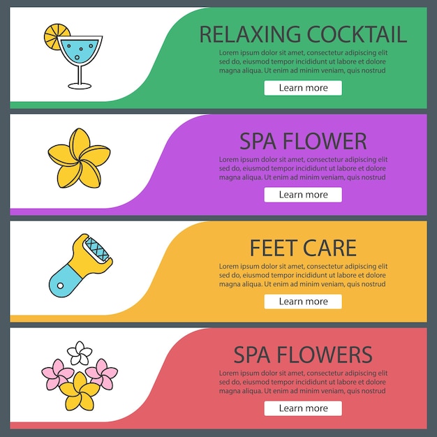 Spa salon web banner templates set. margarita cocktail, plumeria flowers, foot file. website color menu items. vector headers design concepts