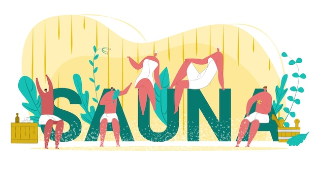 Illustrazione di sauna termale con scritte e donne