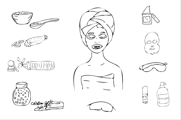 Spa set lichaamsdelen gezichtsverzorging. Maskers en crèmes. Gereedschap. Tekening doodle stijl. Zwarte lijn.