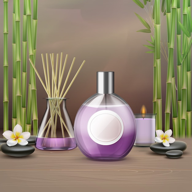 spa setting with bottle of essential aroma oil