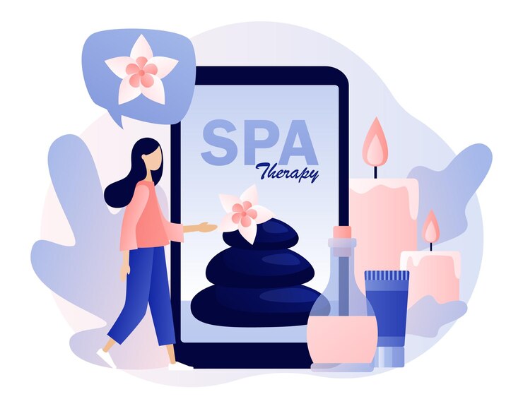 Приложение для спа-терапии Маленькая девочка с большим смартфоном Косметические процедуры и уход за телом Аксессуары