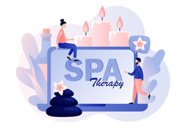 Spa therapy web site beauty procedure and body care tiny people with big laptop and accessories