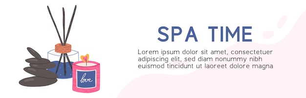 Spa time horizontal banner or flyer with massage stones candle and aroma diffuser flat vector