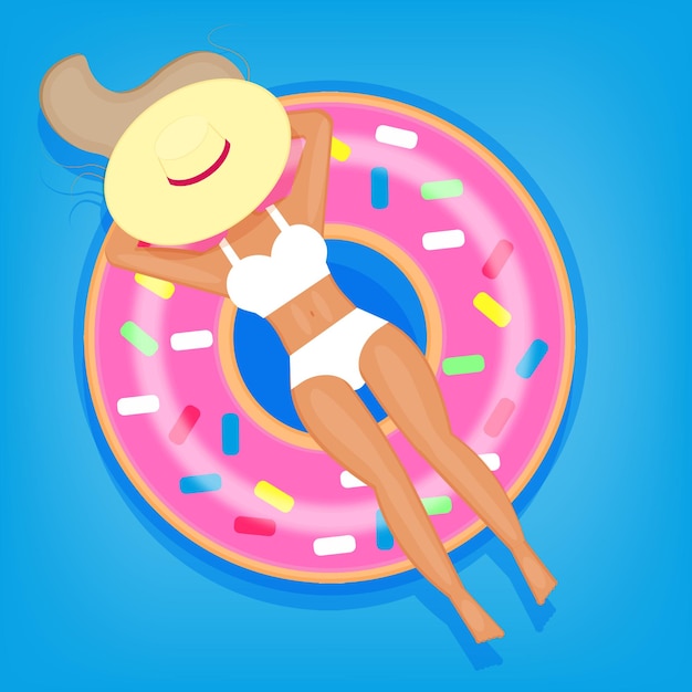 Vector spa vakantie vrouw ontspannen op een opblaasbare donut ring een jong meisje in een hoed zwemt in het zwembad zomer reizen en water recreatie print of web vectorillustratie