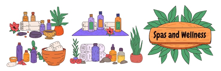 Vector spa and wellness concept with essential oils towels plants and stones in a relaxing setting colorful
