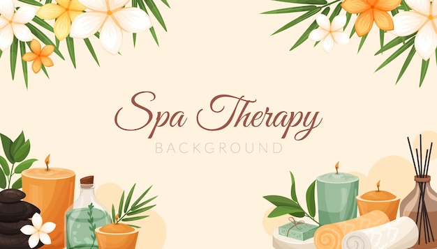 Vector spa, wellness, template horizontal background with exotic flowers, bamboo leaves, cosmetic