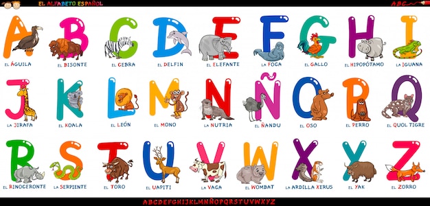 Vector spaanse alfabet met tekenfilm dieren instellen